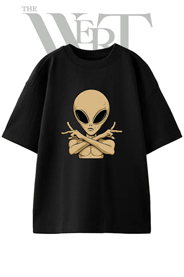 تي شيرت Gray Alien_1 بتصميم مطبوع باللون الأسود للجنسين