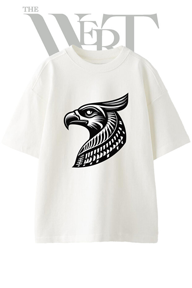 Horus Eagle Design Printed Unisex White Oversize T-Shirt
