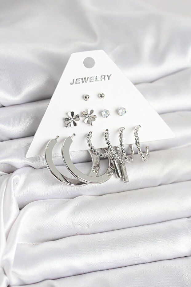 Brass Silver Color 6 Pairs Women's Earrings Set