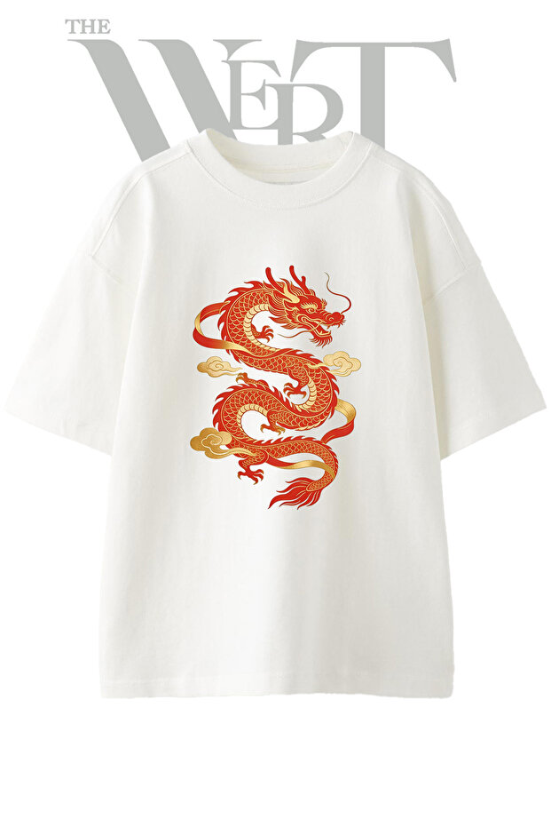 Red Chinese Dragon Design Printed Unisex White Oversize T-Shirt