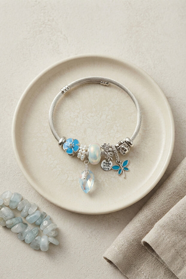 Blue Crystal Charm Silver Color Bracelet - Ebj260725W44557
