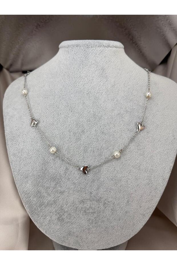 Women's Silver Color Pearl and Heart Detailed Elegant Chain Necklace Minimal Stylish Neck Chain