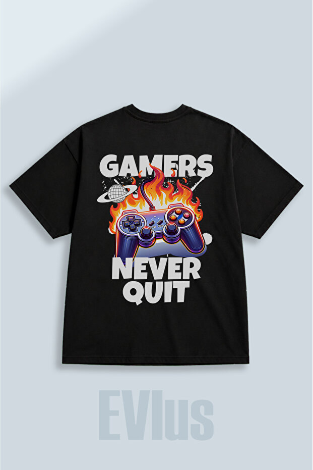 Oversize Gamers Never Quit Printed 100% Cotton Crew Neck Loose Fit Black T-Shirt