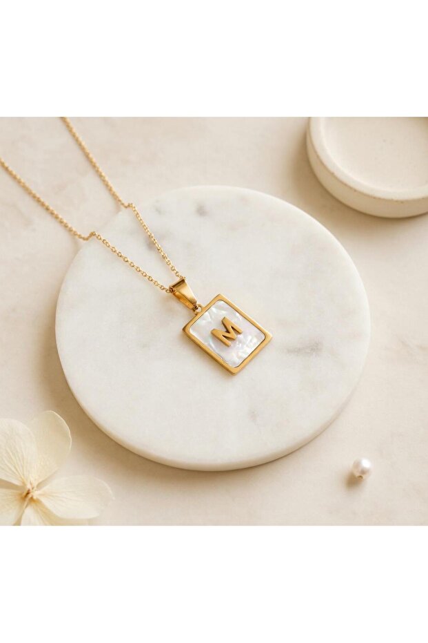 Steel Gold Letter m Rectangular Stone-Looking Necklace