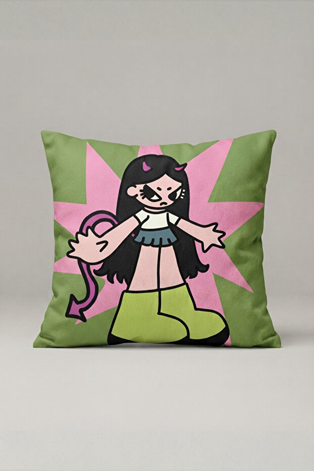 Green Pink Comic Girl Patterned Cushion Cover 232 – Comic Girl Design 45X45 cm