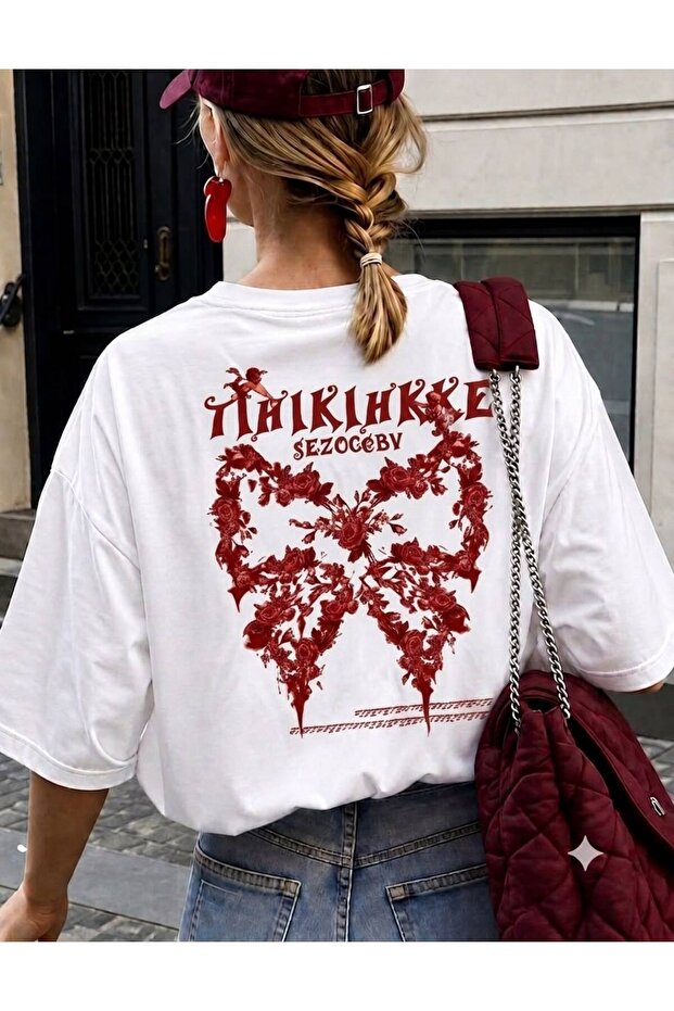 Women's Floral Ribbon Patterned Oversize Crew Neck Printed T-Shirt