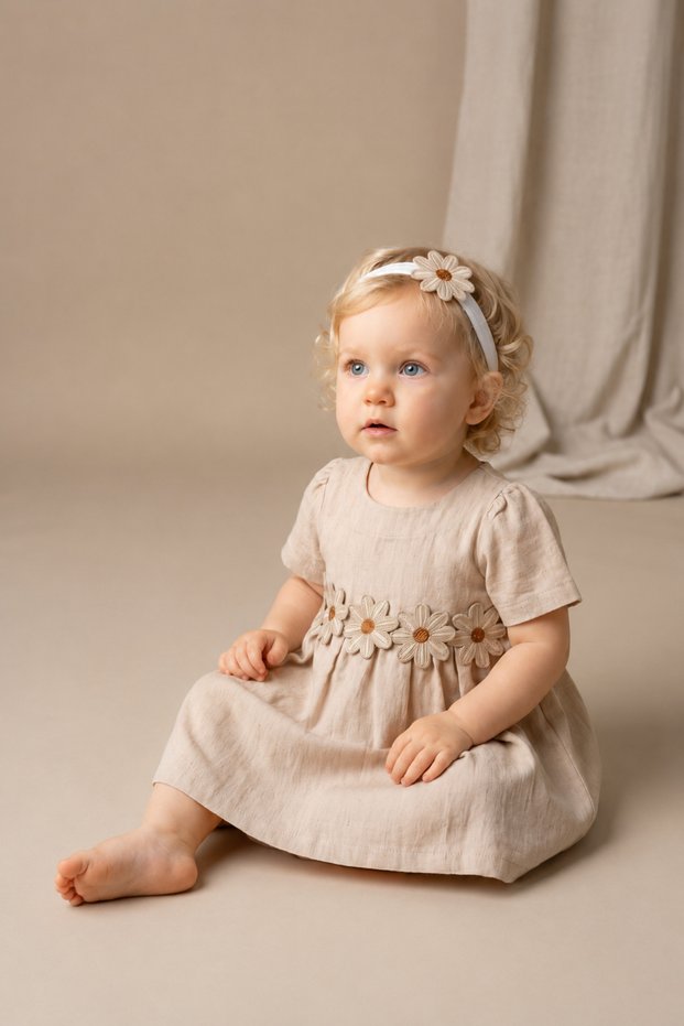 Floral Detailed Short Sleeve Beige Linen Baby Dress