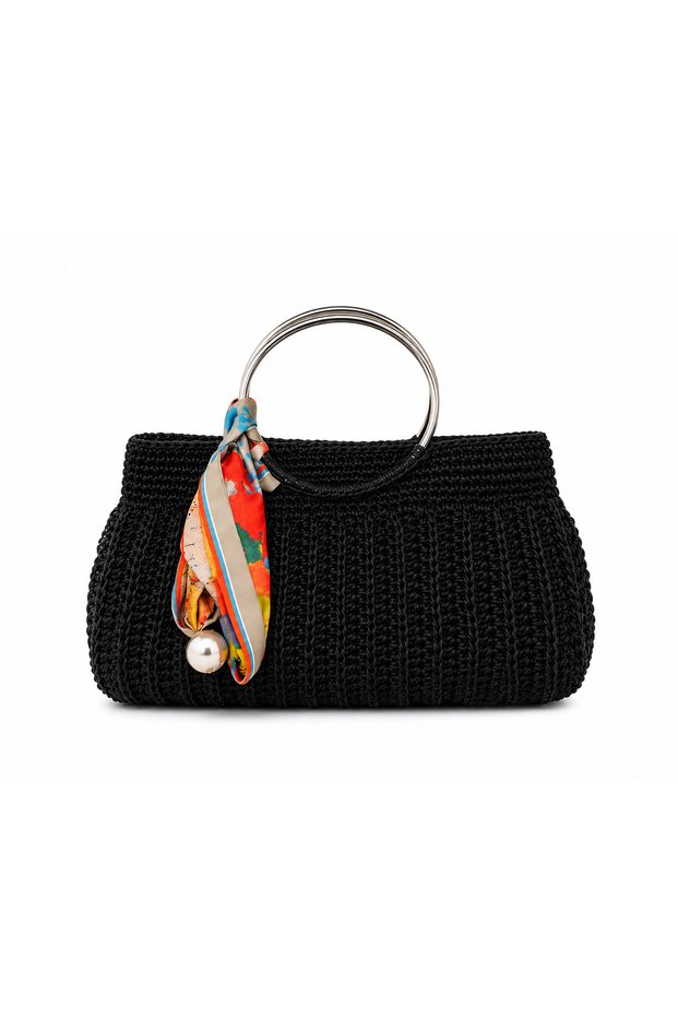 Velora Flora Metal Handle Paper Thread Hand Knitted Women's Evening Bag – Black