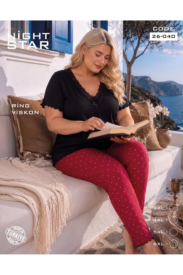 Angel Patterned Ring Viscose Plus Size Pajama Set