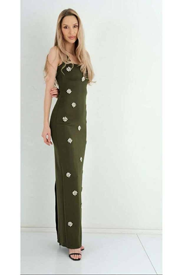 Women's Green Stone Embellished Long Evening Dress