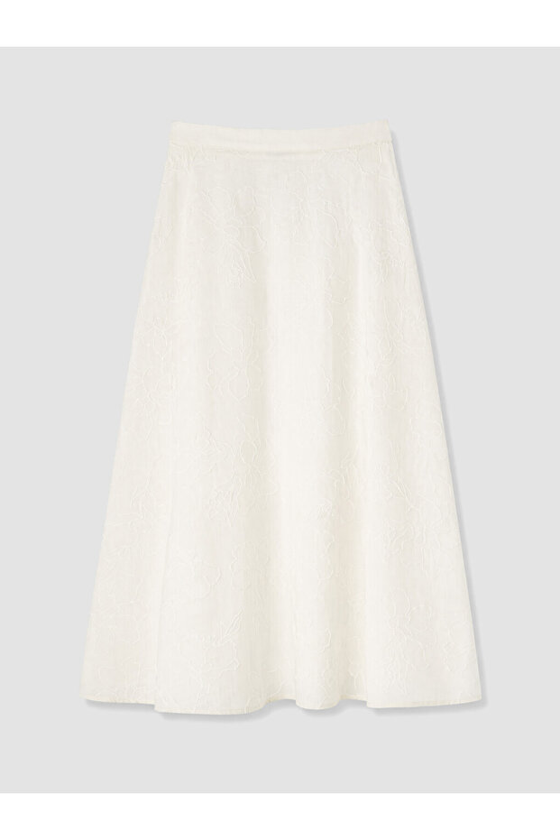 Ecru Zippered Embroidered A-Line Skirt