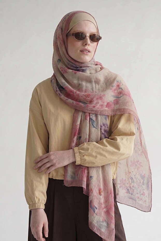 Lilac Floral Pattern Muslin Shawl