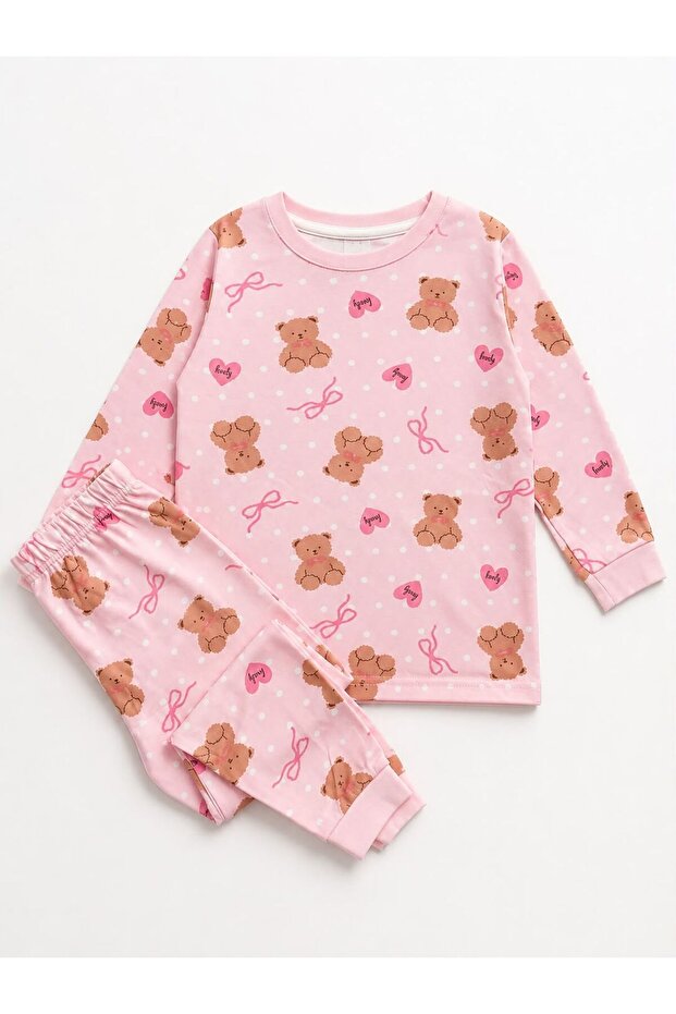 Girl's 100% Cotton Pink Teddy Bear Patterned Long Sleeve Pajama Set