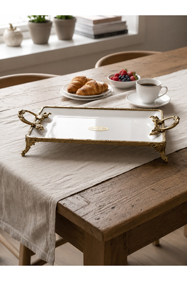 Classy Rectangular Porcelain Luxury Footed Presentation Plate - Gold