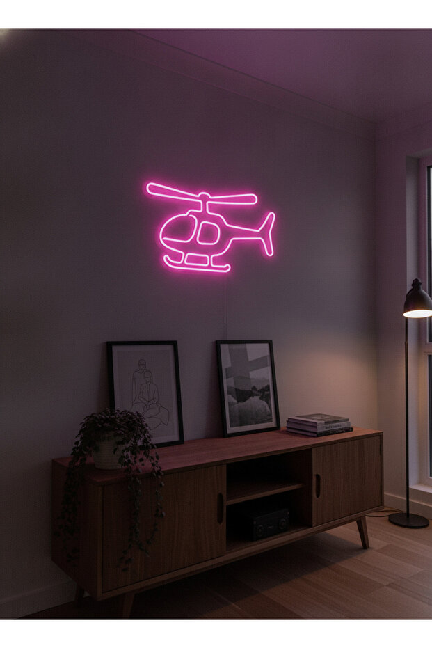 Helikopter Figürlü LED Neon Duvar Tablosu | Pembe Aydınlatmalı Modern Dekor | Genç Odası - 5
