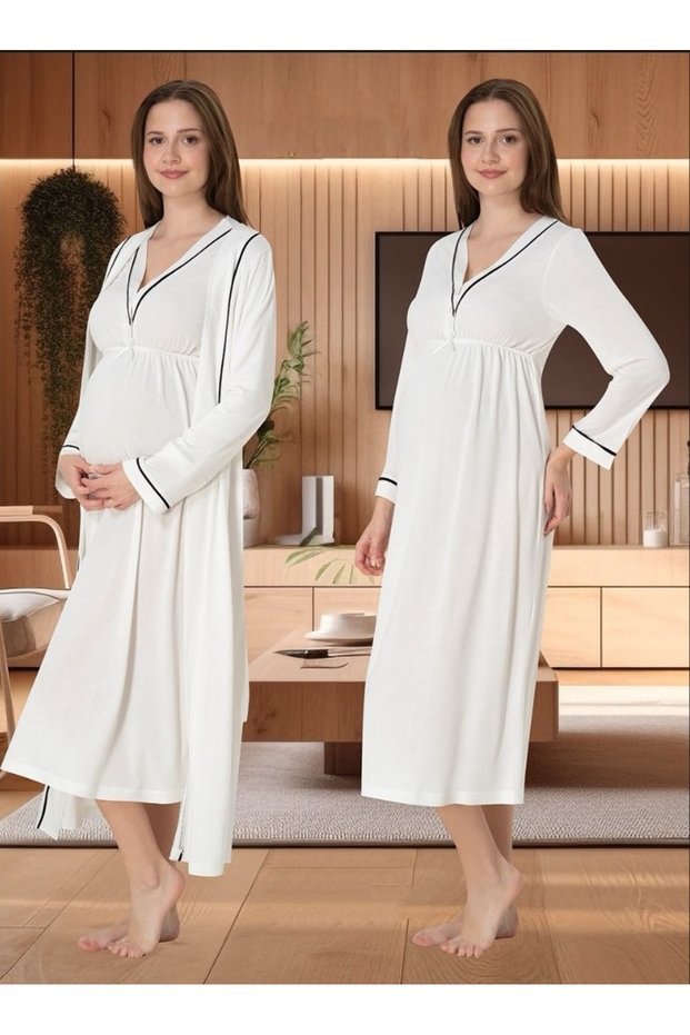 Dvina Maternity Dressing Gown and Long Sleeve Nightgown - Set of 2 - Ecru