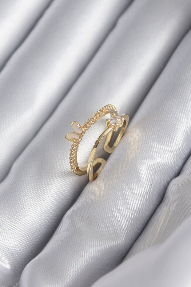 Brass Gold Color Zircon Stone Detail Butterfly Model Women's Ring