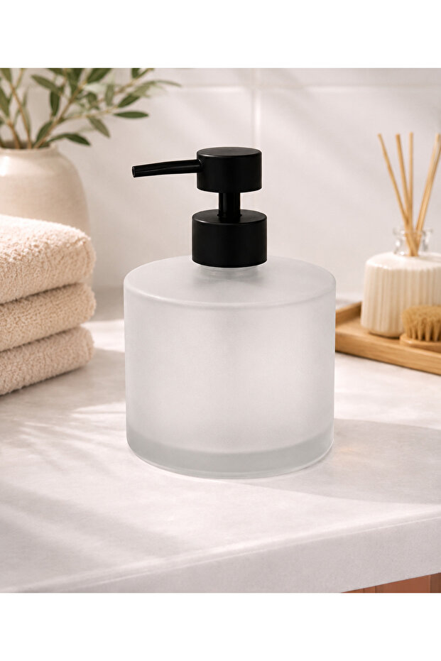 Matte Black Pump Frosted Glass Liquid Soap Dispenser Modern Decorative Bathroom Accessory | 500 ml