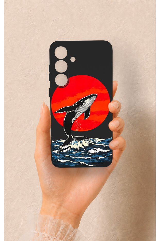 Samsung S25 Plus Compatible Red Sun Whale Pattern Silicone Case