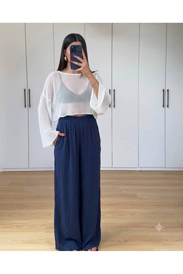 Women's Navy Blue Draped Satin Trousers with Pockets