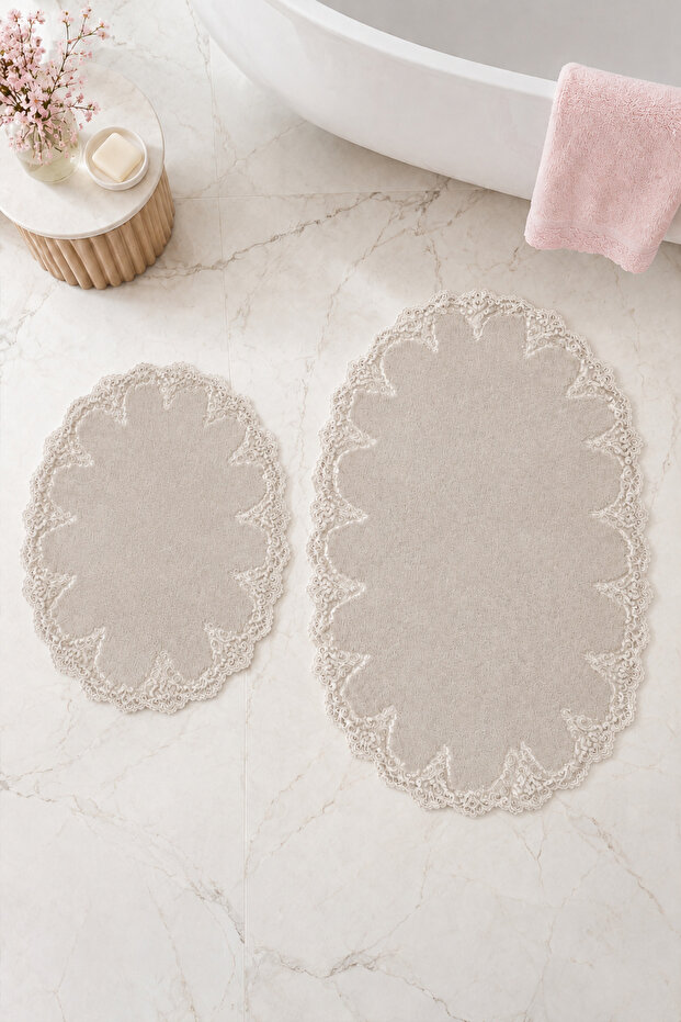 Lace 2-Piece Non-Slip Leather Based Oval Bath Mat Set with Laces, Washable Bath Set Piera