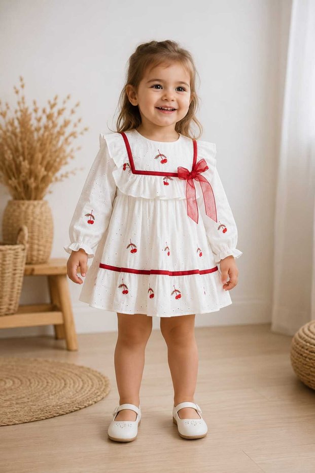 Noynoy Girls 9-24 Months Roba Red Bow Detail Long Sleeve Dress