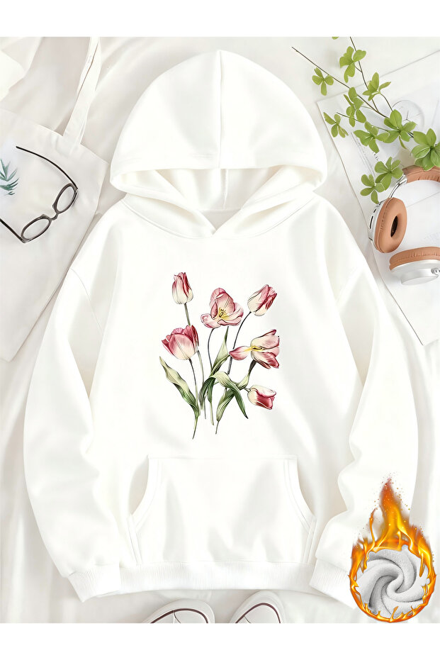 Unisex Floral Printed Hooded Kangaroo Pocket Comfortable Fit Regular Cut Sweatshirt