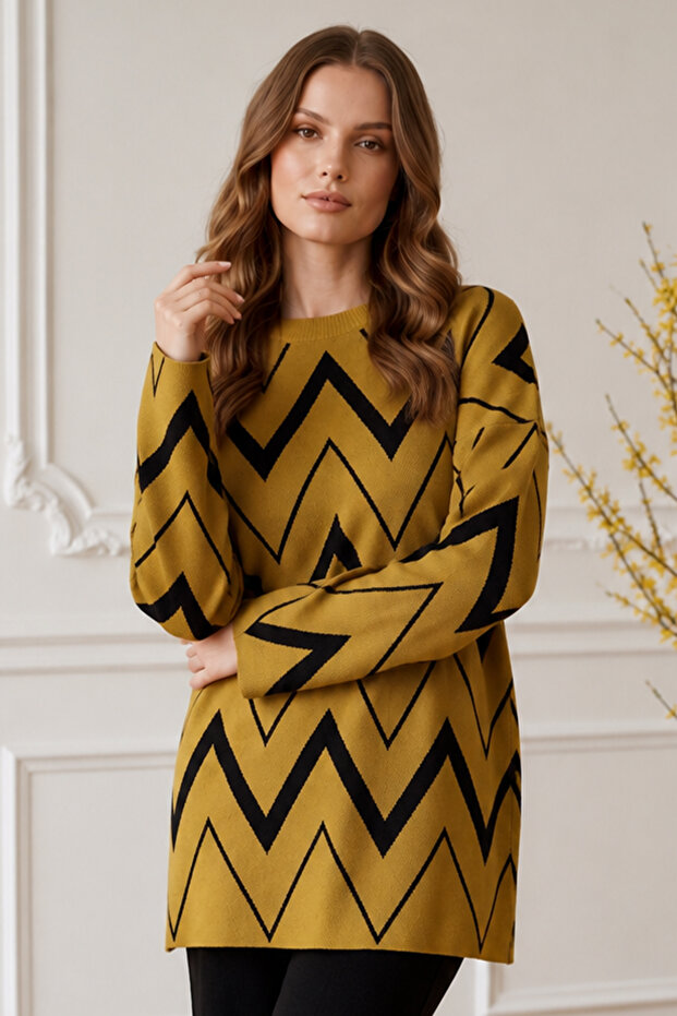 Zigzag Patterned Knitwear Tunic R7187 Oil Green