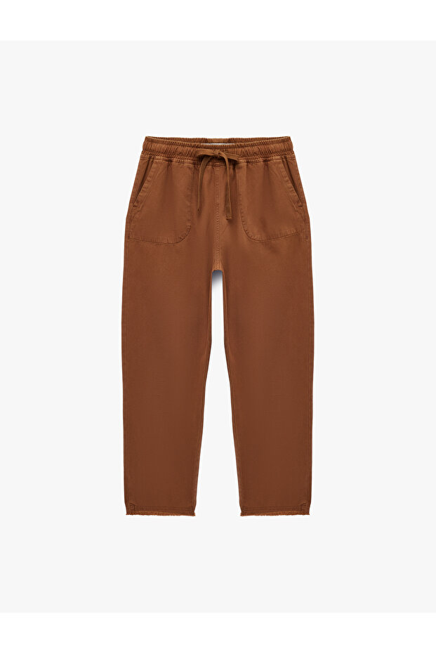 Cotton Comfortable Fit Cigarette Pants with Lace-Up Waist and Pockets