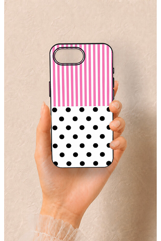 iPhone 16E Compatible Pink Striped Polka Dot Patterned Silicone Case