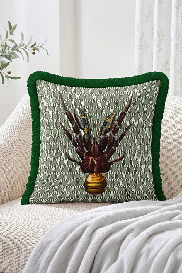 Modern Design Fringed Throw Pillow Cover with Lobster Figure and Geometric Pattern - Decorative Pillowcase