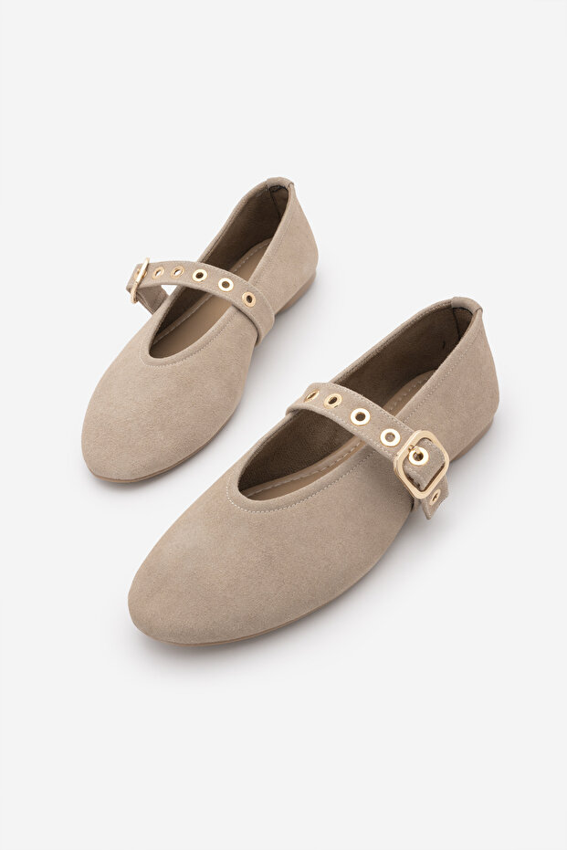 Women's Buckle-Strapped Ballerinas Harves Beige Suede
