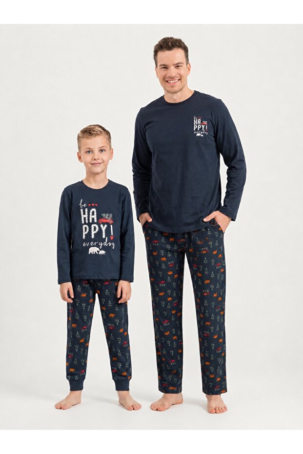 Father - Son, 100% Cotton, Navy Blue, Be Happy Christmas/New Year Patterned, Long Sleeve Pajama Set (Sets Will Be Sold Separately at a Different Price.)