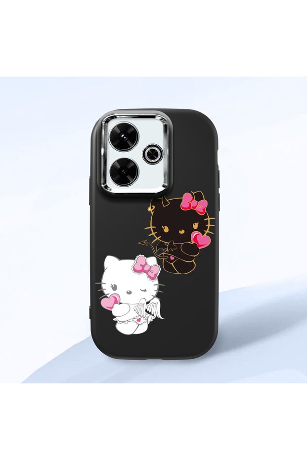 Poco M6 Compatible Case Camera Protector Black Silicone Couple Phone Case with Kitty Pattern
