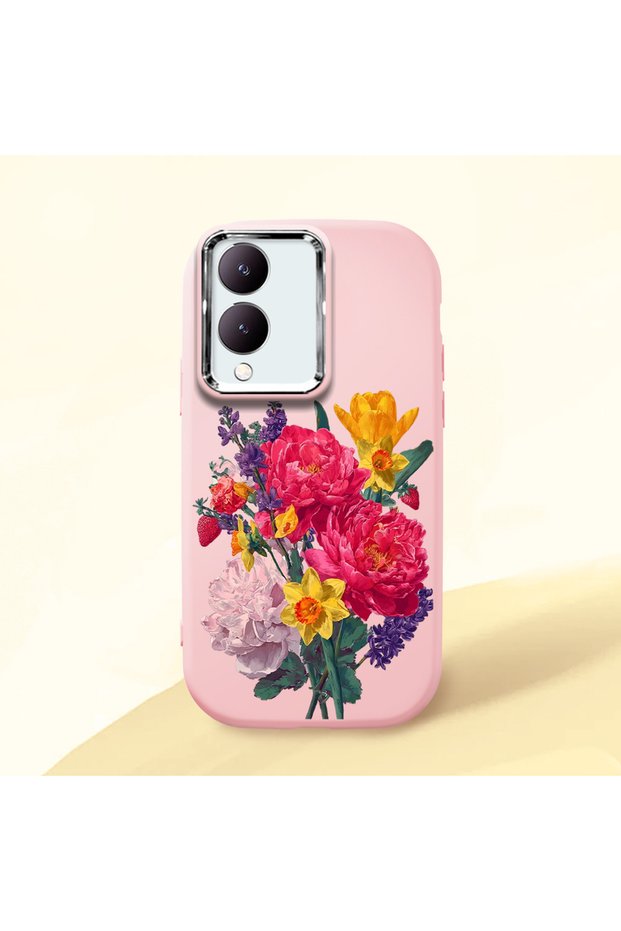 Vivo Y28 Compatible Case Camera Protective Pink Silicone Couple Phone Case with Floral Pattern