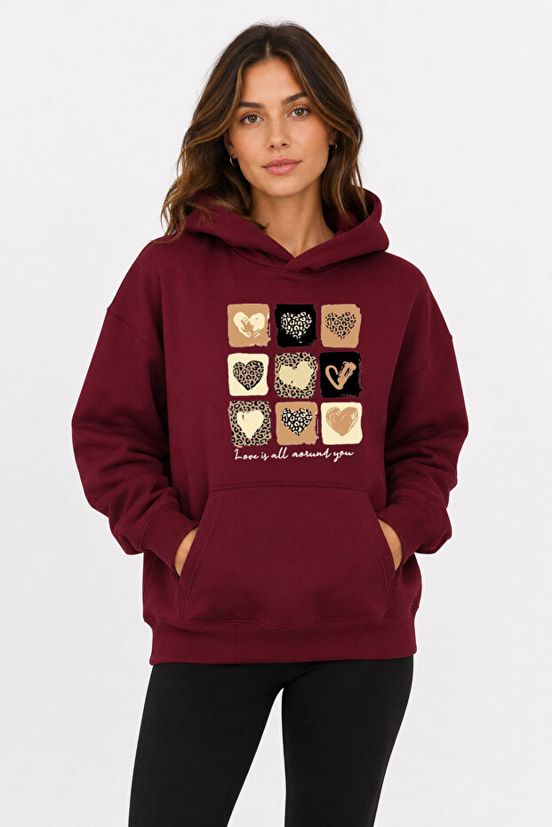 Small Leopard Hearts Printed Hooded 2 Thread Raster Sweatshirt