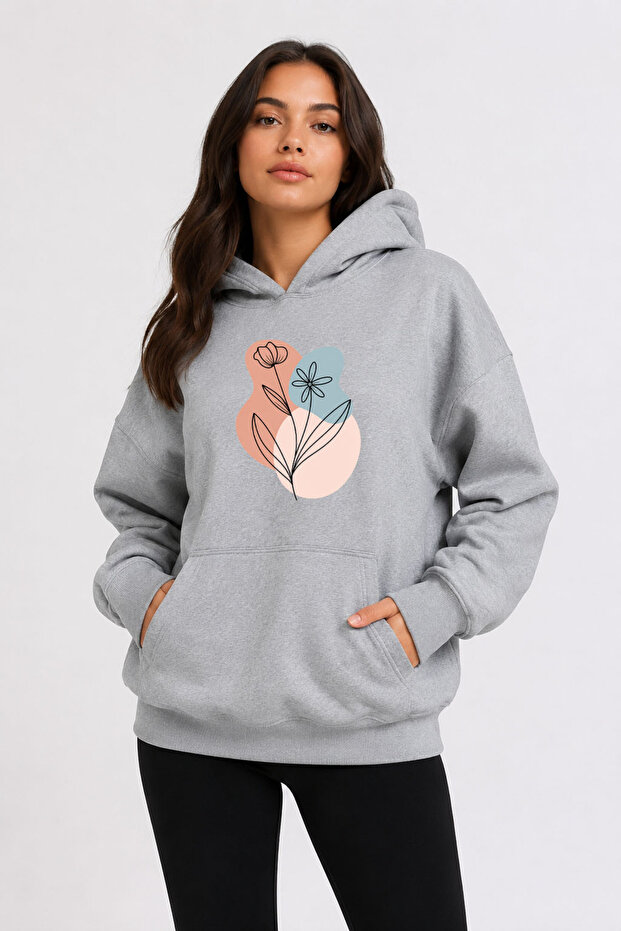 Floral Printed Hooded 2 Thread Threaded Sweatshirt