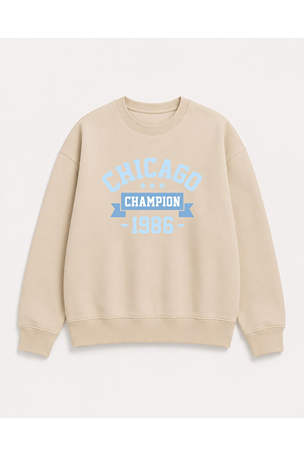Chicago Print Detailed Crew Neck 2 Thread Sweatshirt