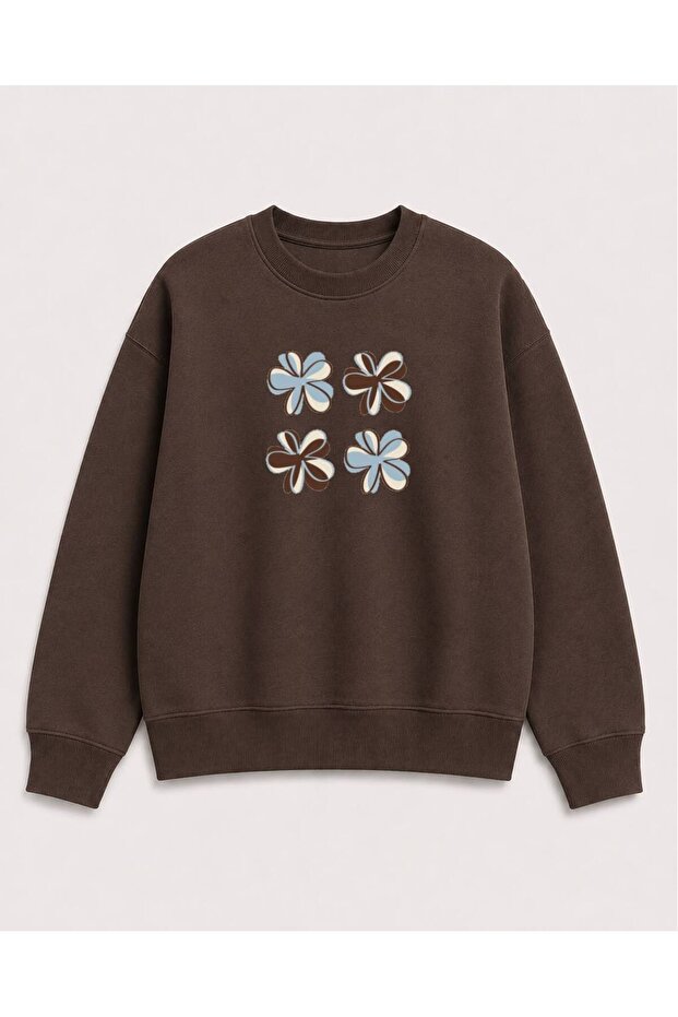 Floral Printed 2 Thread Threaded Crew Neck Sweatshirt
