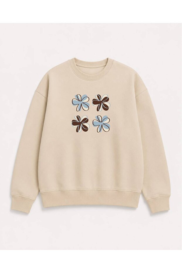 Floral Printed 2 Thread Threaded Crew Neck Sweatshirt