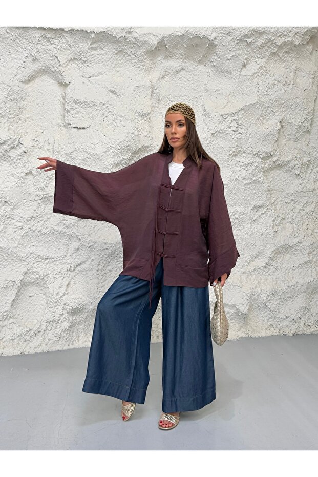 Women's Hakim Collar Brit Buttoned Fringe Detailed Wide Sleeve Jacket Kimono 0133 - Plum