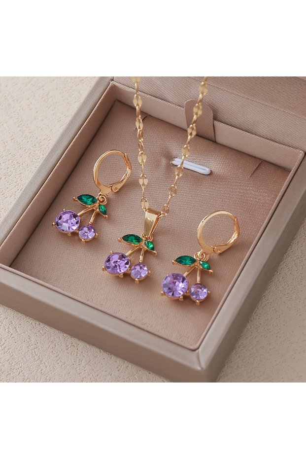 style3 Sweet and Romantic Red Cherry Necklace Earring Set Jewelry Set, Suitable for Daily Wear and H