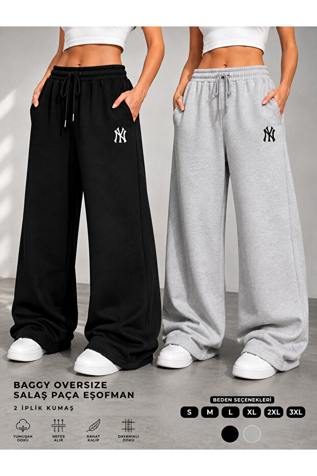 2-Piece Women's Ny Printed Sweatpants (Black-Grey) Oversized Fit Wide Legs