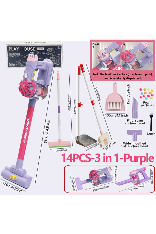 14PCS-3 in 1-Purple Kids Simulation Electric Vacuum Cleaner Cleaning Set for Toddlers Role Play Hous