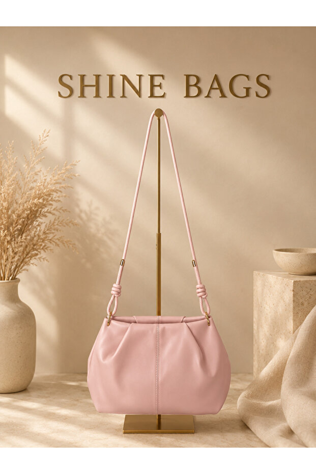Soft Leather Drawstring Powder Women's Shoulder Bag with Adjustable Strap and Knot Detail, Zipper Closure