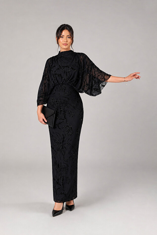 Women's Black Flock Print Self-Cape Glitter Detail Maxi Dress