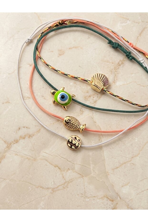 Set of 4 Sea Themed String Bracelets with Mussel Turtle Evil Eye Fish Figures and Slide Lock Weave