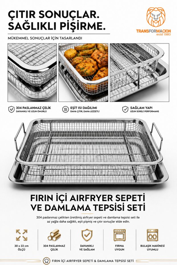 Oven Airfryer Basket and Drip Tray Set Oven Tray Air Fryer Basket Oven Type Crispy Vegetable Chicken French Fries Rack 30X22 cm 304 Stainless Steel Inox 723428
