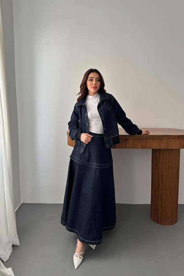 Women's Blue Denim Jacket Skirt Set Contrast Stitched Shirt Collar Long Skirt
