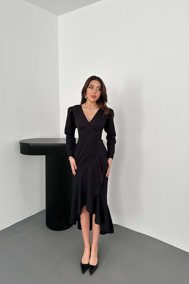 Women's Black Dress V-Neck Long Sleeve Flounce Asymmetrical Midi Atlas Dress